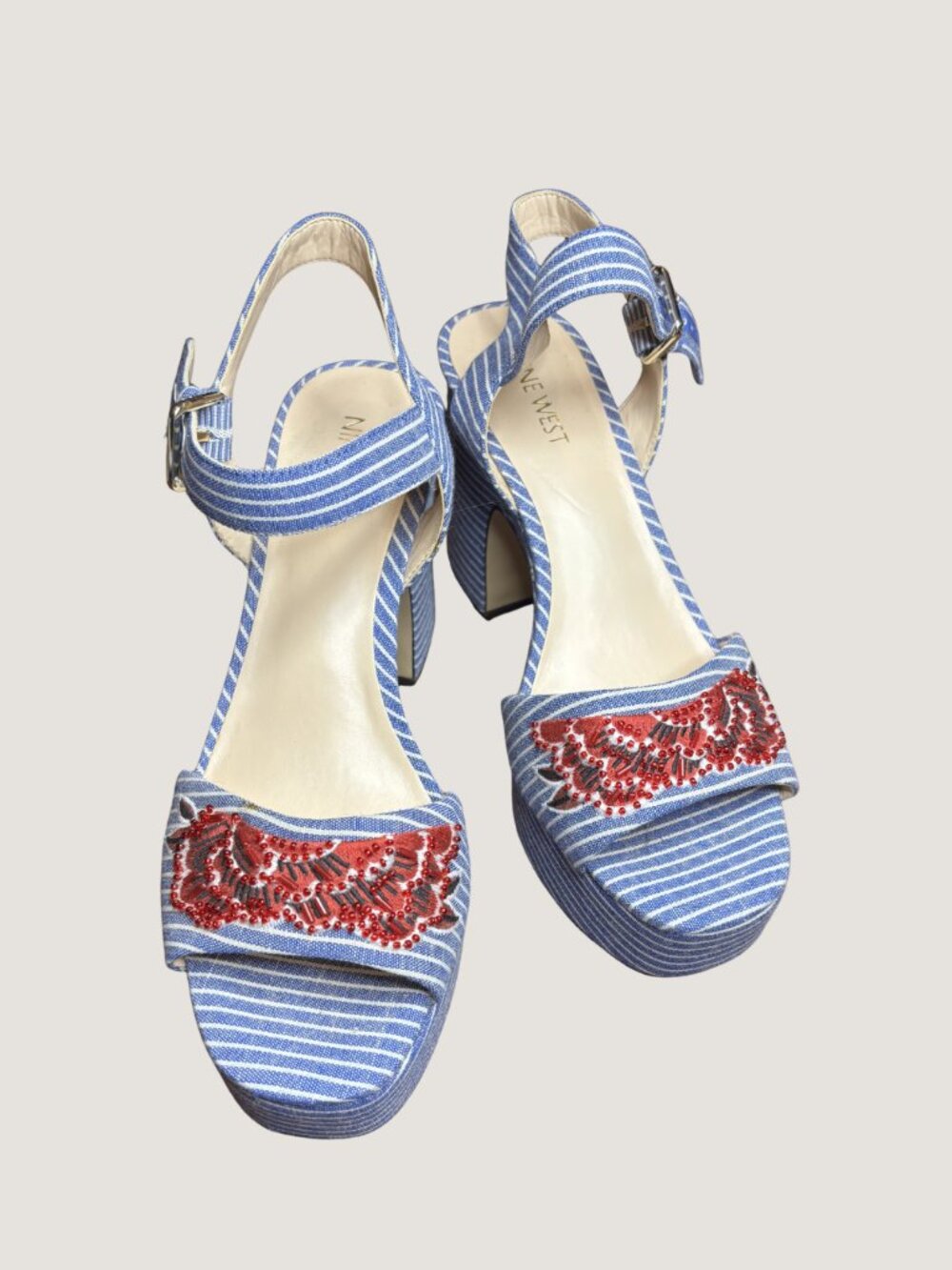 Nine West Fontayah Blue White Pinstripe Platform Heels Embroidered Sandals Size - Picture 2 of 6